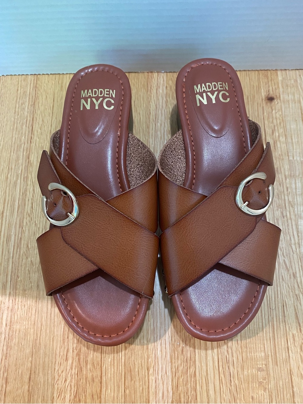 Madden NYC Women's Starlet Tan Cross-Band Slide Sandals with Buckle Size 7 M